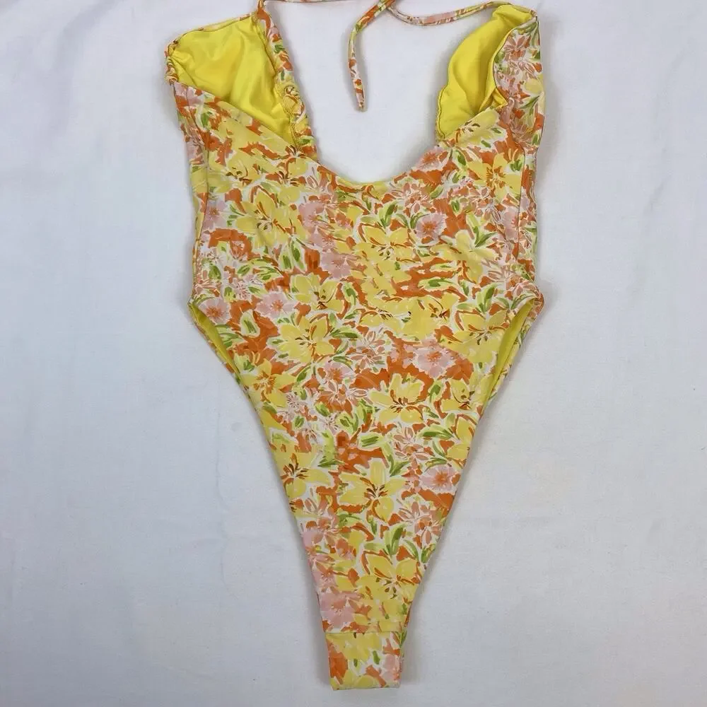 Princess Polly Fern One Piece Swimsuit Yellow Floral Halter High Cut Size 4